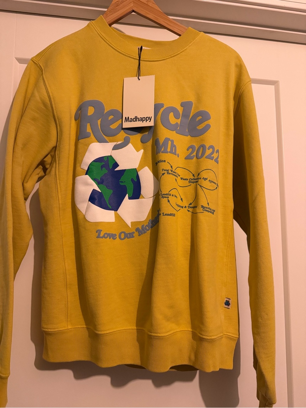 Madhappy Mustard Yellow XS, NWT, Recycle Graphic Crewneck Sweatshirt